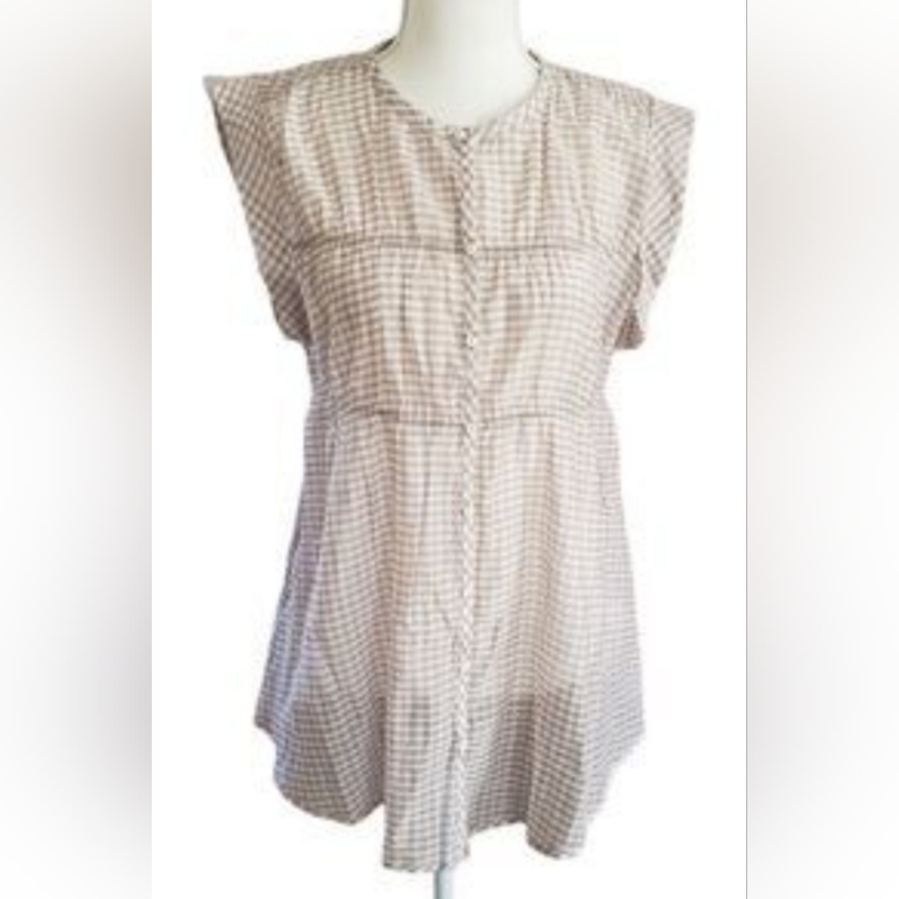 Current Air Tan and White Gingham Button-up Swing Tunic Top, Size XS